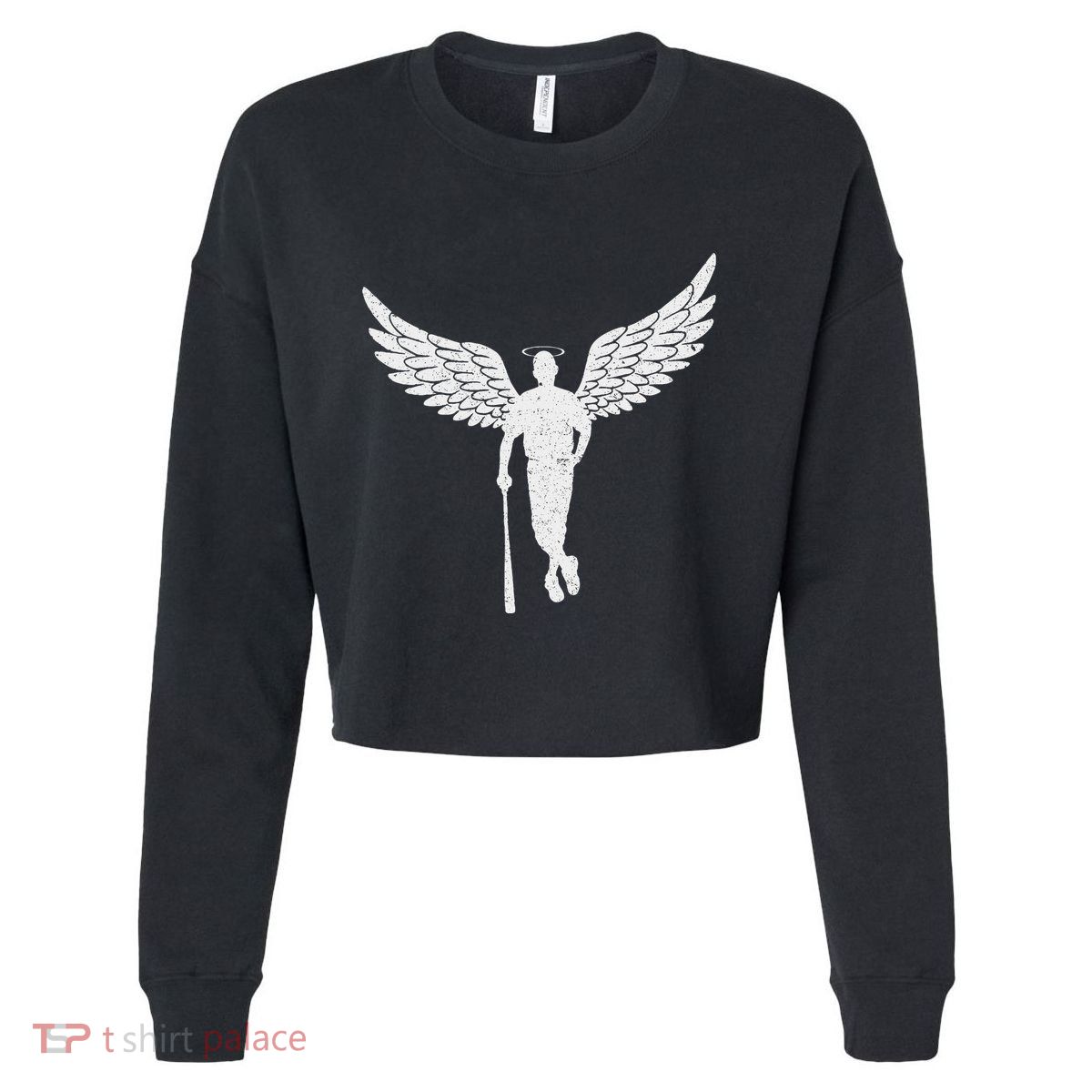 Vintage Angel Baseball Player With Halo And Wings Cropped Pullover Crew