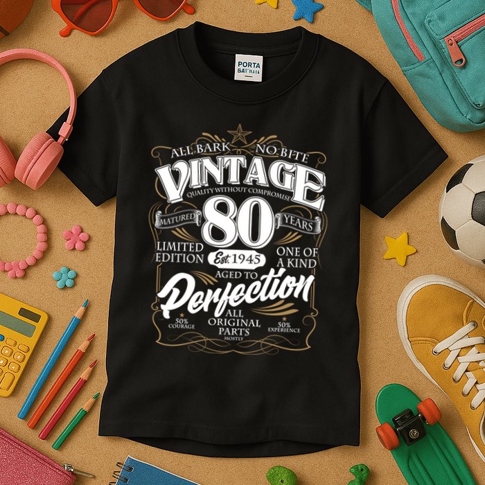 Vintage All Bark No Bite 80th Birthday Est 1945 Kids T-Shirt