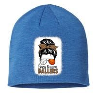 Volleyball And Basketball Mom Messy Bun Busy Raising Ballers Funny Gift Sustainable Beanie