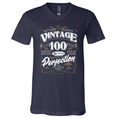 Vintage All Bark No Bite 100th Birthday Est 1924 V-Neck T-Shirt