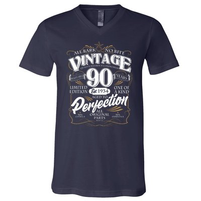 Vintage All Bark No Bite 90th Birthday Est 1934 V-Neck T-Shirt