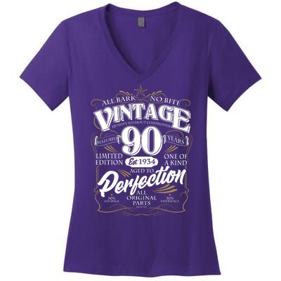 Vintage All Bark No Bite 90th Birthday Est 1934 Women's V-Neck T-Shirt