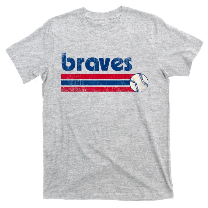 Vintage Atlanta Baseball Brave Retro Three Stripe Weathered T-Shirt