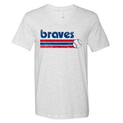 Vintage Atlanta Baseball Brave Retro Three Stripe Weathered V-Neck T-Shirt