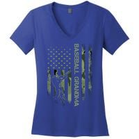 Vintage American Camo Flag Proud Baseball Grandma Silhouette Cool Gift Women's V-Neck T-Shirt