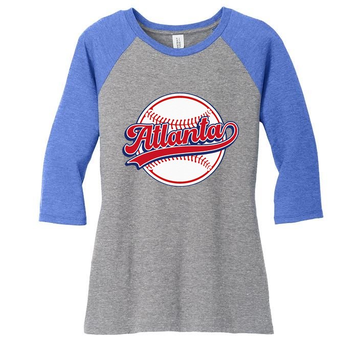 Vintage Atlanta Cityscape Baseball Lover Player And Fans Women's Tri-Blend 3/4-Sleeve Raglan Shirt