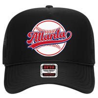 Vintage Atlanta Cityscape Baseball Lover Player And Fans High Crown Mesh Back Trucker Hat