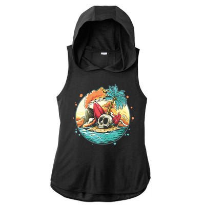 Vacation Tropical Island Skull Ladies PosiCharge Tri-Blend Wicking Draft Hoodie Tank