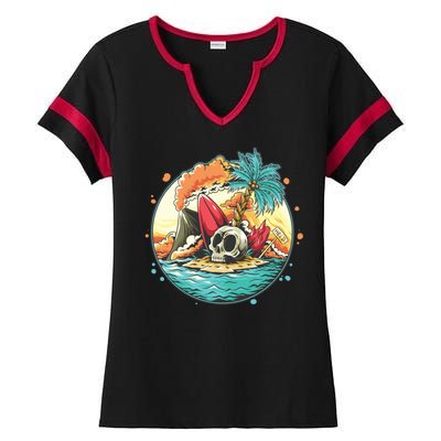 Vacation Tropical Island Skull Ladies Halftime Notch Neck Tee