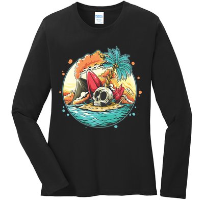 Vacation Tropical Island Skull Ladies Long Sleeve Shirt
