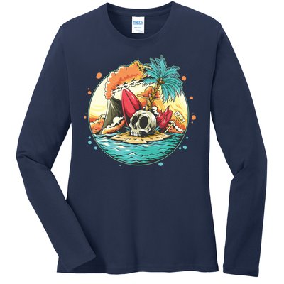 Vacation Tropical Island Skull Ladies Long Sleeve Shirt