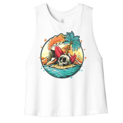 Vacation Tropical Island Skull Women's Racerback Cropped Tank