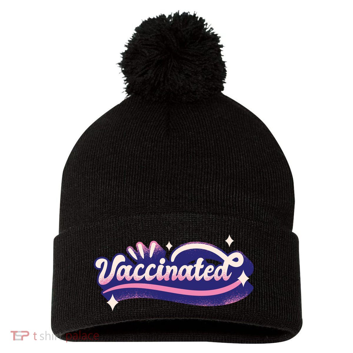 Vaccinated Sparkle Pom Pom 12in Knit Beanie