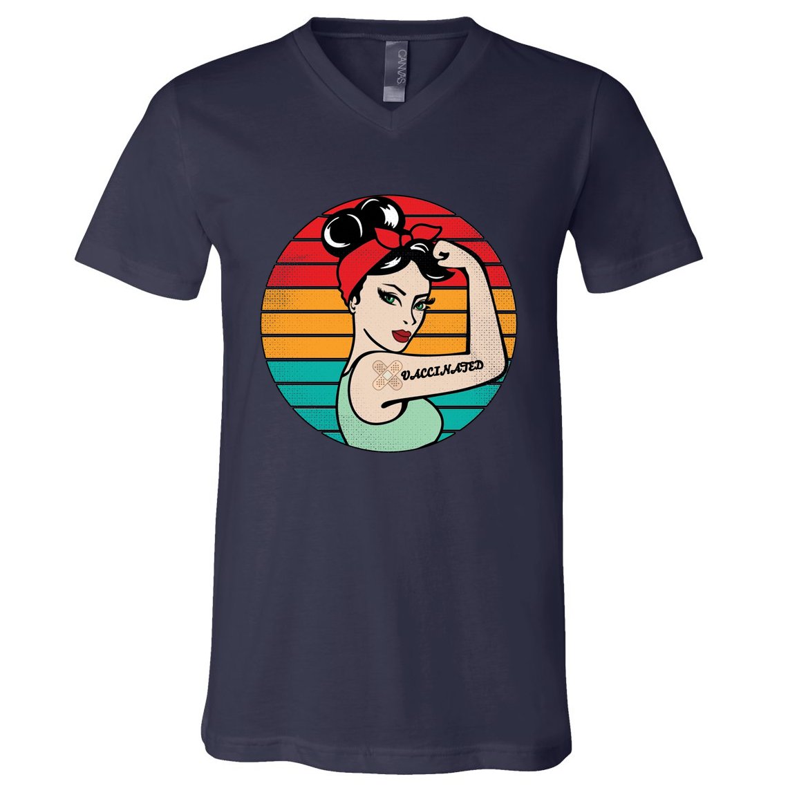 Vaccinated Strong Woman Retro V-Neck T-Shirt