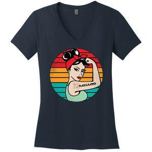 Vaccinated Strong Woman Retro Women's V-Neck T-Shirt