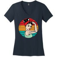 Vaccinated Strong Woman Retro Women's V-Neck T-Shirt