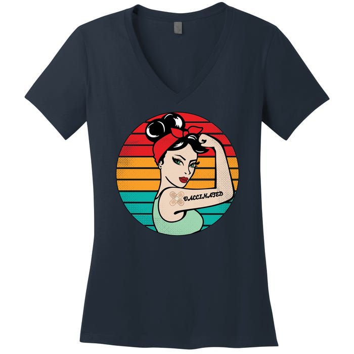 Vaccinated Strong Woman Retro Women's V-Neck T-Shirt