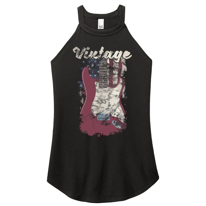 Vintage American Flag Guitar Player Guitarist Gift Women's Perfect Tri Rocker Tank