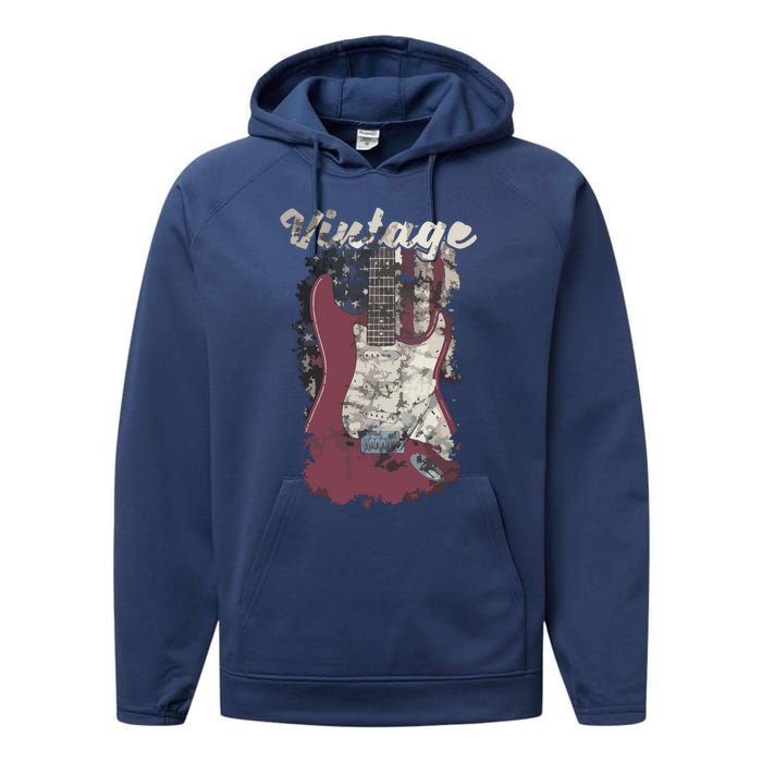 Vintage American Flag Guitar Player Guitarist Gift Performance Fleece Hoodie