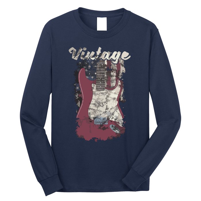 Vintage American Flag Guitar Player Guitarist Gift Long Sleeve Shirt