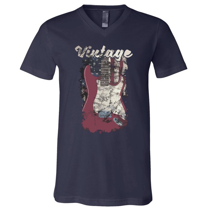 Vintage American Flag Guitar Player Guitarist Gift V-Neck T-Shirt