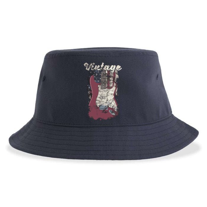 Vintage American Flag Guitar Player Guitarist Gift Sustainable Bucket Hat