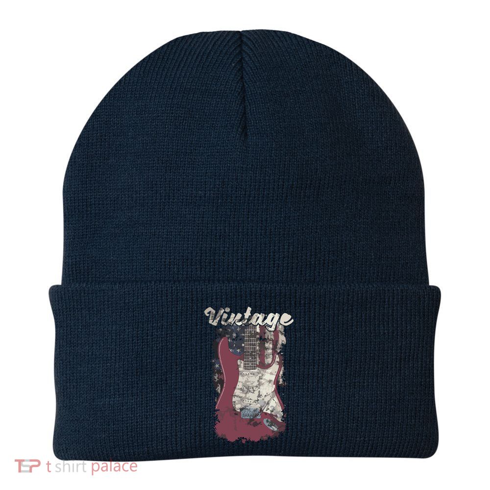 Vintage American Flag Guitar Player Guitarist Gift Beanie