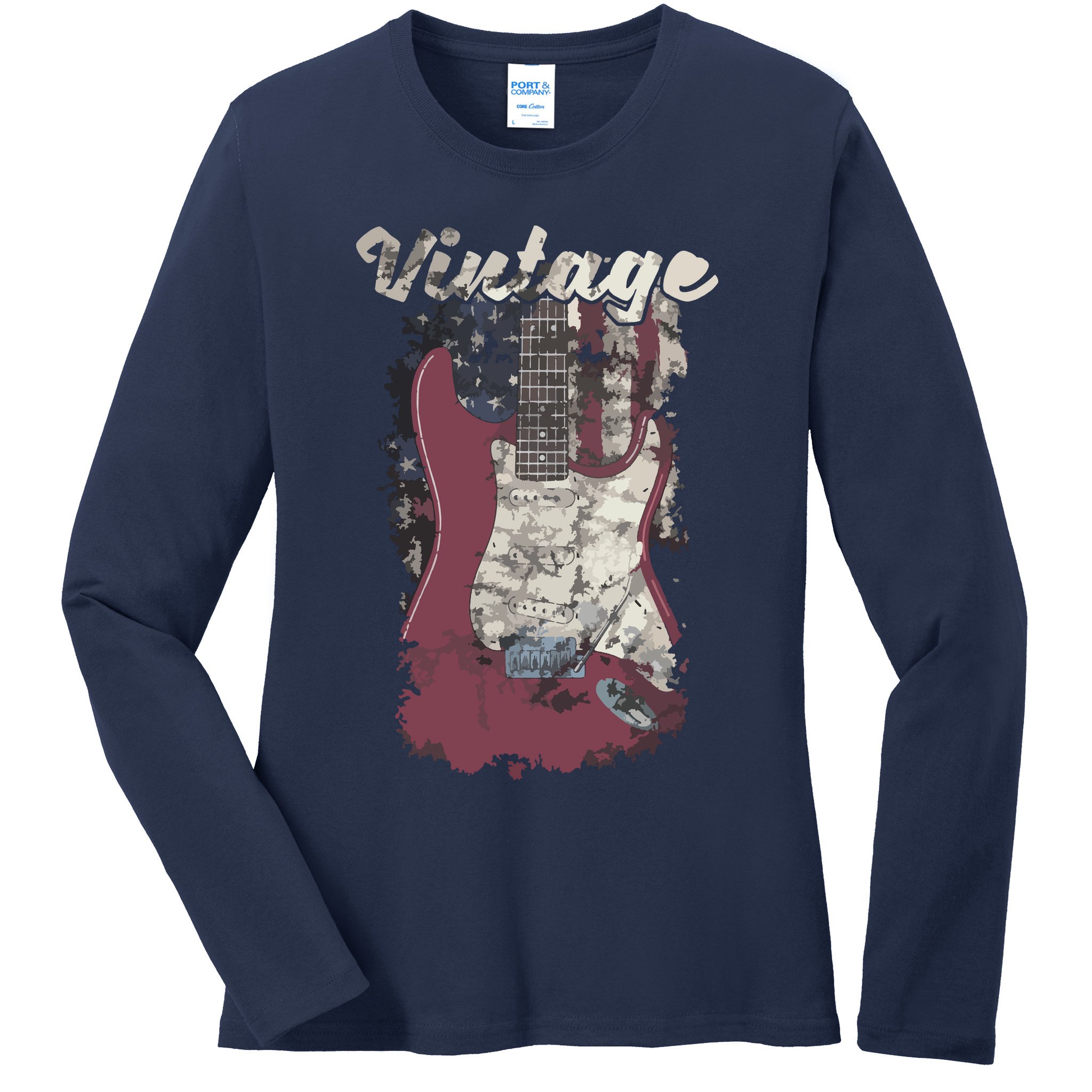 Vintage American Flag Guitar Player Guitarist Gift Ladies Long Sleeve Shirt