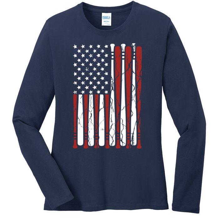 Vintage American Flag Baseball Boy Dad 4th July Ladies Long Sleeve Shirt