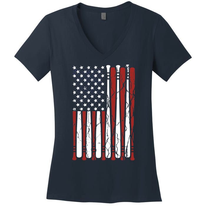 Vintage American Flag Baseball Boy Dad 4th July Women's V-Neck T-Shirt