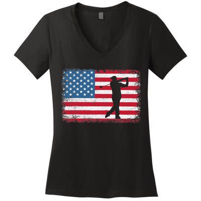 Vintage American Flag Golf Clothing Golfer Love Women's V-Neck T-Shirt
