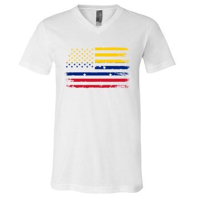 Venezuelan American Flag Venezuelan Roots Funny V-Neck T-Shirt