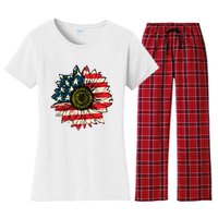 Vintage American Flag Sunflower 4th Of July Women's Flannel Pajama Set