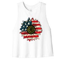 Vintage American Flag Sunflower 4th Of July Women's Racerback Cropped Tank