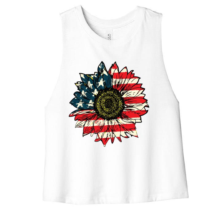 Vintage American Flag Sunflower 4th Of July Women's Racerback Cropped Tank