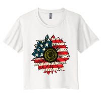 Vintage American Flag Sunflower 4th Of July Women's Crop Top Tee