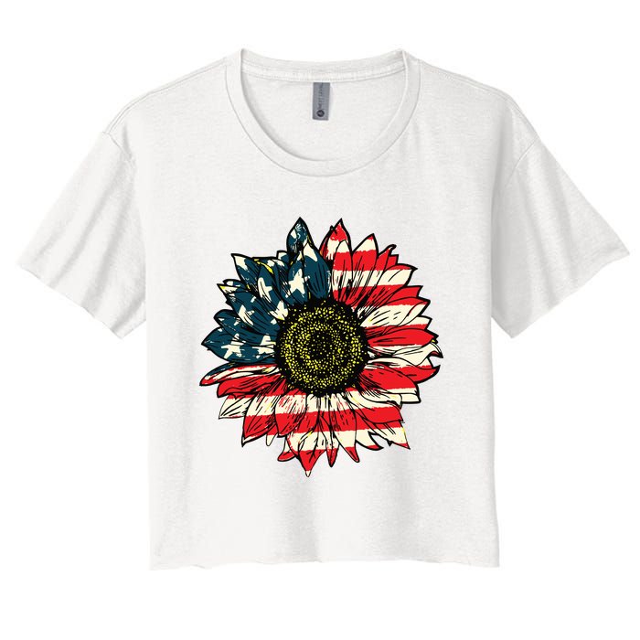 Vintage American Flag Sunflower 4th Of July Women's Crop Top Tee