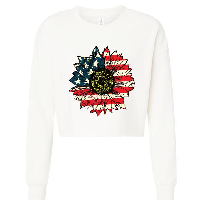 Vintage American Flag Sunflower 4th Of July Cropped Pullover Crew