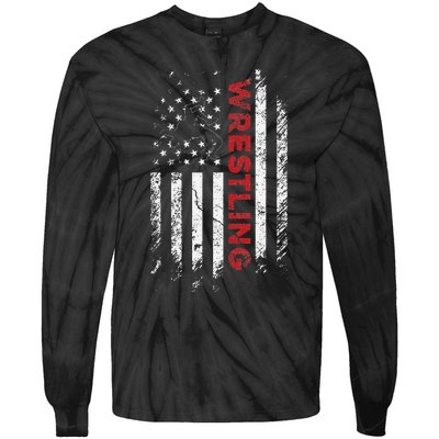 Vintage American Flag Wrestling Patriotic Wrestler Gift  Tie-Dye Long Sleeve Shirt