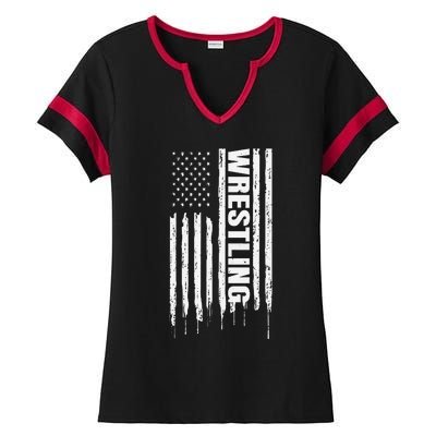 Vintage American Flag Wrestling Funny  Wrestler   Ladies Halftime Notch Neck Tee