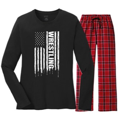 Vintage American Flag Wrestling Funny  Wrestler   Women's Long Sleeve Flannel Pajama Set 