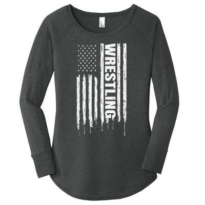 Vintage American Flag Wrestling Funny  Wrestler   Women's Perfect Tri Tunic Long Sleeve Shirt