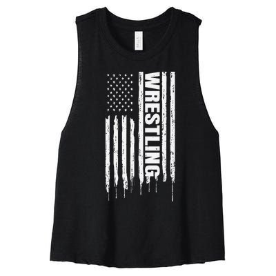 Vintage American Flag Wrestling Funny  Wrestler   Women's Racerback Cropped Tank