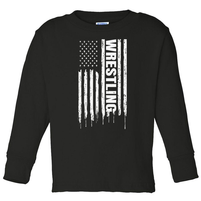 Vintage American Flag Wrestling Funny  Wrestler   Toddler Long Sleeve Shirt