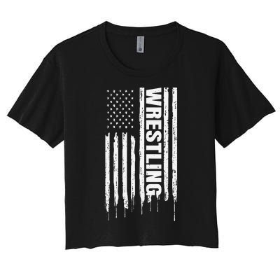 Vintage American Flag Wrestling Funny  Wrestler   Women's Crop Top Tee