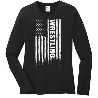 Vintage American Flag Wrestling Funny  Wrestler   Ladies Long Sleeve Shirt