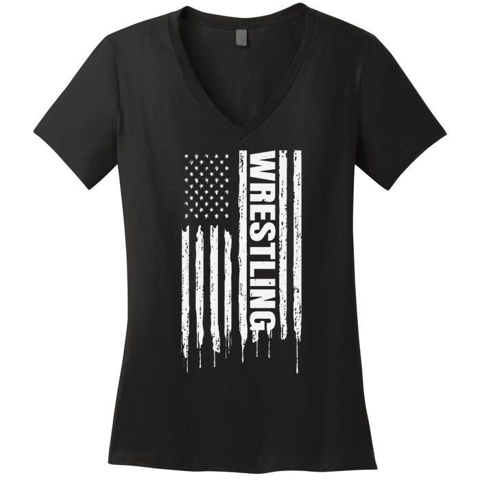 Vintage American Flag Wrestling Funny  Wrestler   Women's V-Neck T-Shirt