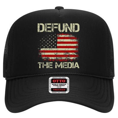 Vintage American Flag Defund The Media High Crown Mesh Back Trucker Hat