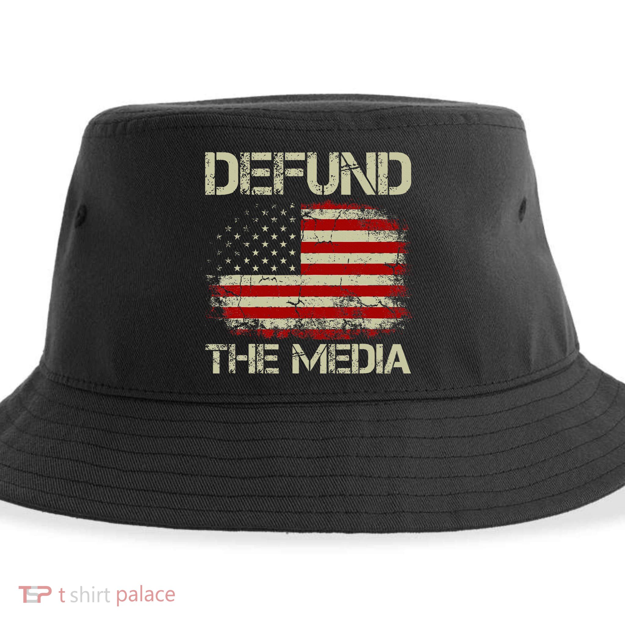 Vintage American Flag Defund The Media Sustainable Bucket Hat