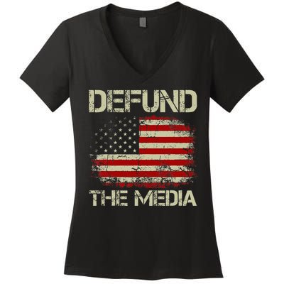 Vintage American Flag Defund The Media Women's V-Neck T-Shirt